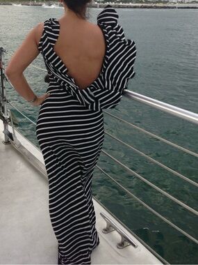 Black & White Striped Backless Ruffle Maxi Dress